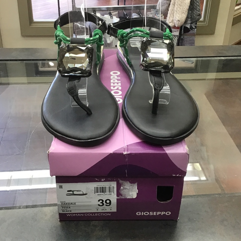 Black T-Strap Sandals with Green Accents
From Gioseppo